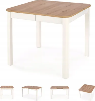 A collage of images showing a square dining table with a wood-effect top and white legs, in various configurations.