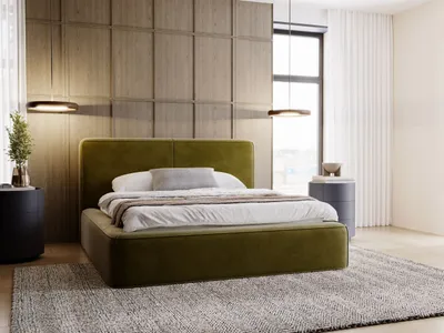 A modern bedroom with a green upholstered bed as the focal point.
