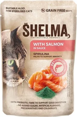 Zdjęcie produktu dla Pełnoporcjowa karma bezzbożowa dla dorosłych kotów z łososiem i dorszem Shelma 4 x 85 g
