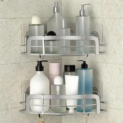 Produktbild von Duschehalter für Eck, 2 Ebenen, 4 Haken, Platten ohne Bohren, Badkamer und Dusche, Shampoo-Abstellhalter aus Edelstahl.