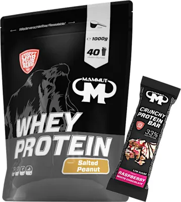 Produktbild von Mammut Nutrition - Whey Protein 1000 g Beutel - 40 Portionen Eiweiß + GRATIS Protein Bar (Raspberry White Chocolate), Geschmack: Salted Peanut
