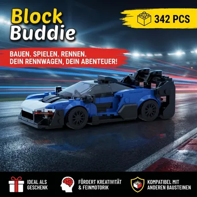 Produktbild von BlockBuddie™ Senna GTR Blau inspiriertes Klemmbaustein Auto mit 342 Teilen – Sportwagen Modellbausatz