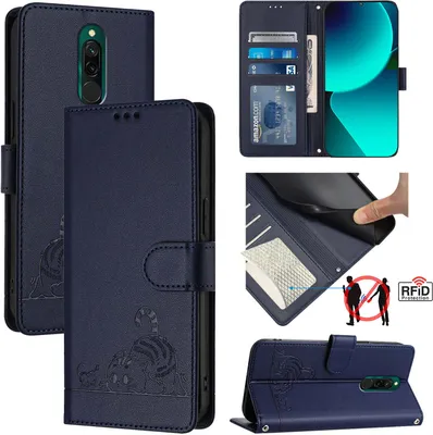 Produktbild von Leder Hülle für Xiaomi Redmi 8 Süße Katze Flip Case Brieftasche Schutzhülle mit Standfunktion Blau