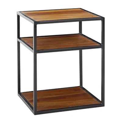 Produktbild von WOHNLING Nachttisch Sheesham Massivholz / Metall 40x50x35 cm Beistelltisch Hoch Nachtkonsole Boxspringbett mit Ablage Industrial Wohnzimmertisch Hoch
