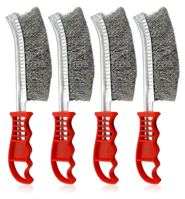 Produktbild von 4-teiliges Drahtbürsten-Set: Edelstahlbürsten mit gebogenem Griff für die Reinigung von Schweißschlacken, Grill und Rost