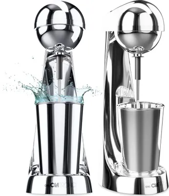 Two images of a silver milkshake maker, one with water splashing.