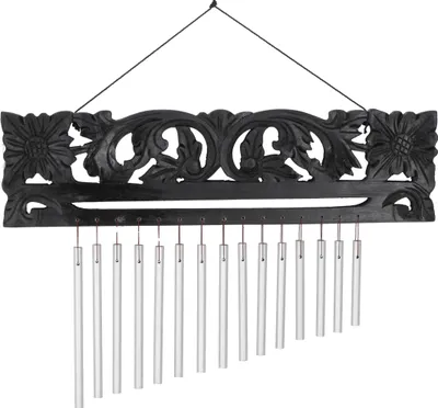 Produktbild von Indonesisches Aluminium Klangspiel, Exotisches Windspiel mit Schnitzerei - Variante 9, Silber-Farben, 27*25*2 cm, Windspiele & Klangspiele