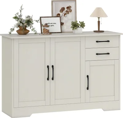 Produktbild von Modernes Sideboard fš¹rs Wohnzimmer, 3 Tš¹ren, 2 Schubladen, verstellbarer Einlegeboden, ideal fš¹r Esszimmer oder Eingangsbereich, 120 x 38 x 79 cm, cremefarben.