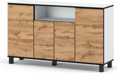 Image de Commode scandinave Sideboard bois 140x80x35 pour le salon, l'entrée ou comme commode chambre à coucher - Design minimaliste - Blanc Mat Chêne Wotan