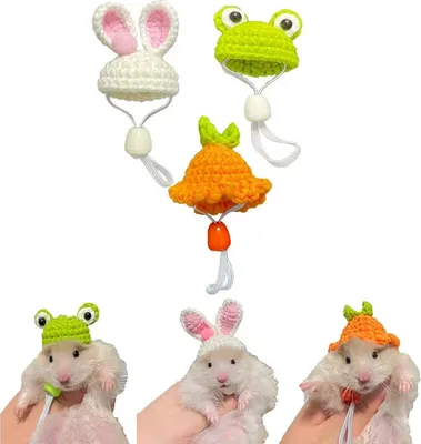 Produktbild von 3 Stück Mini handgestrickte Mütze, niedliche Haustiermütze mit verstellbarem Riemen für Hamster, Schlange, Frosch, Kaninchen, Eidechse, Kleintier, Reptilienkopf, Kostümzubehör, Kleidung