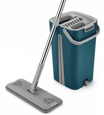 Produktbild von Wischmopp und Putzeimer Set, Wischmopp-Eimer-Set mit freihändigem Auswringsystem, Nass- und Trockengebrauch, Bodenreinigungssystem, ohne Bücken