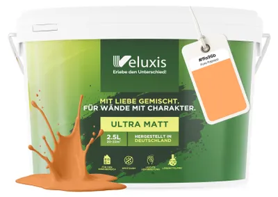 Produktbild von Wandfarbe Orange Gelb Rosa Matt Innenfarbe – Deckkraft Klasse 1, VOC-frei, Ohne Grundierung, Tropfarm – Wohnzimmer & Schlafzimmer – 2,5L – Veluxis (Pure Papaya)