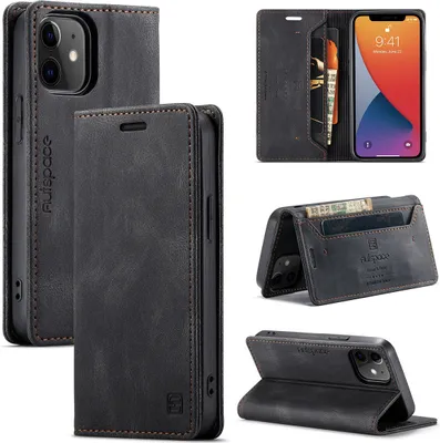 Produktbild von iPhone 12 Mini Brieftasche Hülle, Retro Kunstledertasche Stand Schutzhülle für iPhone 12 Mini Schwarz