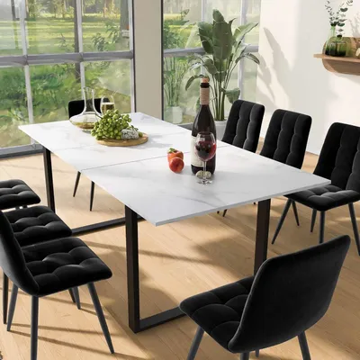 Immagine prodotto di Tavolo da pranzo allungabile, bianco, 140-180x80x75 cm, struttura in metallo, aspetto marmorizzato