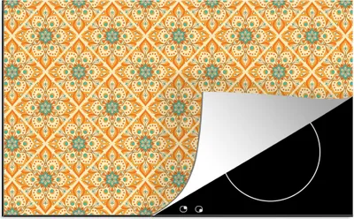 Produktbild von KitchenYeah© Herdabdeckplatte Mandala - Boho - Blumen - Orange - Muster , 91x52cm, Küche Deko, Glaskeramikkochfeld Herdabdeckung, Abdeckplatte fùr Kochfeld