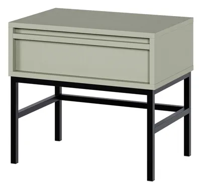 A product shot of a sage green nightstand with a black metal frame, shown against a white background.