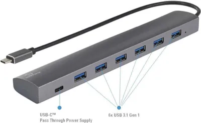 Produktbild von Renkforce RF-3374946 USB-Hub 6+1 Port USB-A USB 3.2 Gen1 5 GBit/s mit Pass-Through Stromanschluss, mit Aluminiumgehäuse