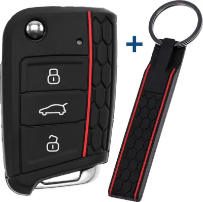 Produktbild von Auto Schlüssel Silikon Schutz Hülle + Schlüsselband im Wabe Design Schwarz kompatibel mit VW SEAT Skoda Golf 7 Leon Octavia 3 Tasten Klappschlüssel