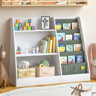 Image de Étagère pour enfants avec 4 étagères et 3 compartiments ouverts, de couleur blanche, dimensions : 80 x 30 x 67,5 cm