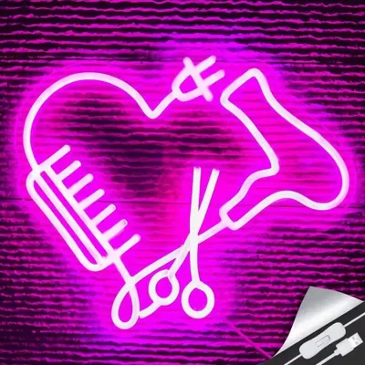 Zdjęcie produktu dla NEON LED light, dekoracyjna lampa ścienna, suszarka do włosów nożyczki grzebień, różowy, ok. 35,5 x 30,8 x 2 cm