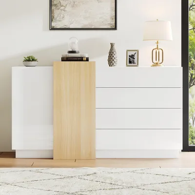 Obrázek produktu pro Bílý komoda, skříň do jídelny, minimalistický design, barva dřeva