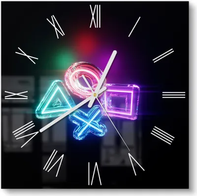 Produktbild von DEQORI Glasuhr 30x30 cm Römisch 'Neon Gaming Symbole' Wanduhr Glas Uhr Design leise Küchenuhr