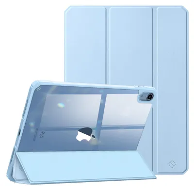 A light blue iPad case is shown in two configurations: one standing upright and the other lying flat, showcasing its transparent back and stand feature.