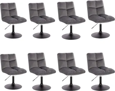 A set of eight identical gray bar stools arranged in two rows of four against a white background.
