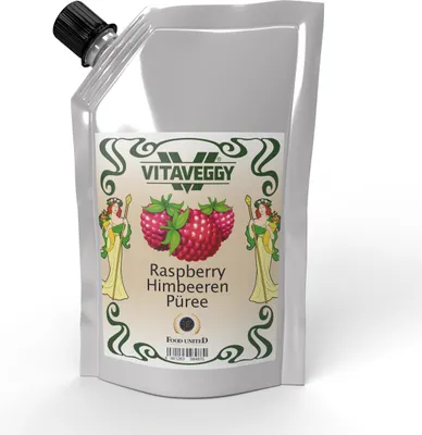 Produktbild von VITAVEGGY HIMBEERE Früchte-Püree 1kg ohne Aroma- Farb- & Konservierungsmittel von Food-United geeignet für Babybrei-Obstbrei Himbeeren-Saft-Smoothie-Sorbet-Müsli-Joghurt-Quark GVO-Frei Glutenfrei & 100% natürlich