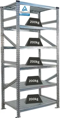 Produktbild von Fachbodenregal PROXIMO mit  Stecksystem | Grundregal | HxBxT 210x90x60cm | 6 Ebenen | Beidseitig nutzbar | Verzinkt