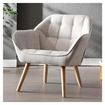 Produktbild von Akzentstuhl, Gepolsterter Armlehnstuhl mit Holzbeinen aus Leinen, Lesestuhl für Wohnzimmer und Schlafzimmer, Beige
