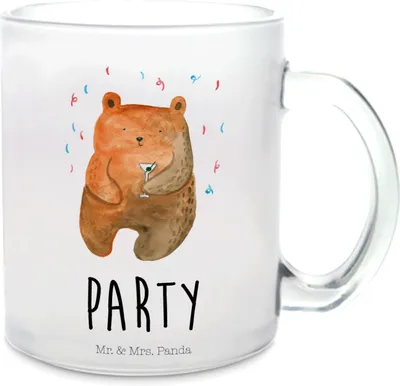 Produktbild von Mr. & Mrs. Panda Tee Tasse Bär Party - Transparent - Geschenk, Geburtstag, Häferl, Teddy, Teetasse Glas, Lustig, Geburtstagsgeschenk, Pott, Haferl, Gute Laune