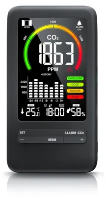 Produktbild von CSL - CO2 Melder - CO2 Messgerät mit Thermometer Hygrometer - Innenraum Luftqualität Messgerät Kohlendioxidmessung PPM - Akku 2000 mAh -– schwarz