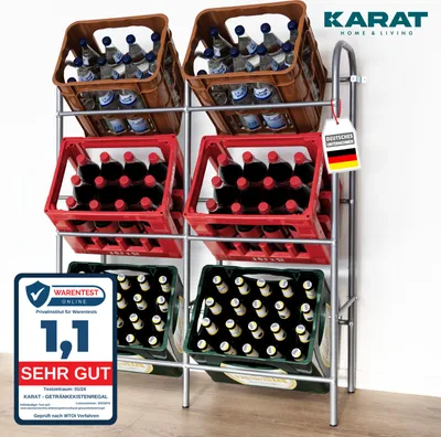 A metal bottle crate stand filled with various drinks.