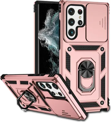 Produktbild von Galaxy S22 Ultra 5G Hülle mit Schiebe Kamera Schutz und Ringhalter Ständer Robust Rüstung Schutzhülle für Samsung Galaxy S22 Ultra 5G Rosa