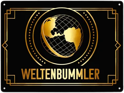 Produktbild von Weltenbummler Metallschild XXL in 28x38 cm mit goldenem Globus und Reisemotiv
