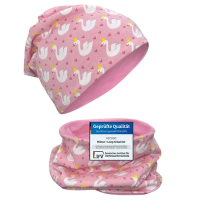 Produktbild von Kinder Mädchen Beanie Wintermütze mit Fleece Vlies + Loop-Schal Set - Schwan Swan Herzen Motiv - One Size: 2-8 Jahre - 95% Baumwolle - weiches & pflegeleichtes Stretch-Material - Winter Herbst