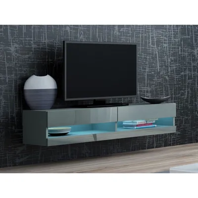 Image de Meuble TV avec éclairage LED blanc 140 cm ASHTON 1 – gris / gris brillant