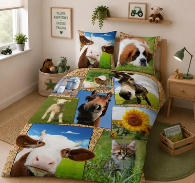 Produktbild von Bauernhof Tiere Bettwäsche Hund Katze Pferd 80x80 + 135x200cm Baumwolle mit Reißverschluss, KI-generiertes Bild