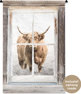 Produktbild von MuchoWow® Wandteppich Wandbehang Schottische Hochlandrind - Ausblick - Winter - Nebel 90x135 cm Tapisserie Dekoration Wandtuch - Baumwolle - Wandskulptur