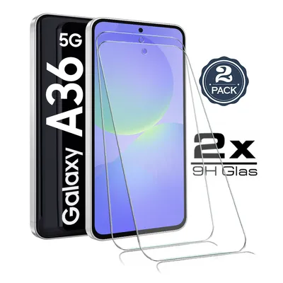 A Samsung Galaxy A36 5G phone with two screen protectors in front of it.
