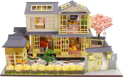 Zdjęcie produktu dla Habarri | Miniaturowy Domek - DIY Domek dla Lalek - Drewniany Domek z Meblami i Oświetleniem LED - Prezent dla Dzieci - Willa W Kioto