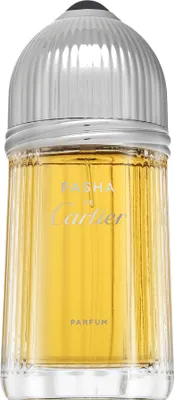 A close-up studio shot of a bottle of Cartier Pasha Parfüm for men.