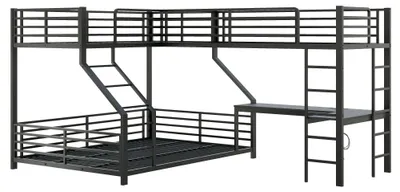 Image de Lit superposé pour trois personnes - dimensions : 90x200 cm et 140x200 cm - bureau intégré - espace de rangement - ports de charge USB et Type-C - EN747 - couleur : noir
