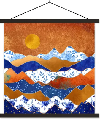 Produktbild von MuchoWow® Textilposter Gold - Delfter Blau - Muster 90x90 cm mit schwarzem Rahmen - Magnetisches