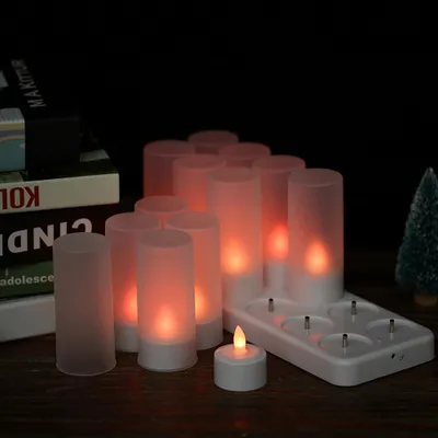 Zdjęcie produktu dla 12 szt. ładowalnych podgrzewaczy LED ze zmianą koloru, migoczącym, bezpłomieniowym światłem, pilotem, USB z matowymi kubkami na Boże Narodzenie