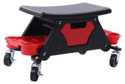 Obrázok produktu pre Pracovná stolička – sedadlo pre mechanikov – s odkladacím priestorom na náradie a úložnými priehradkami – nosnosť 150 kg – vhodná pre starostlivosť o automobily a do garáže – červená