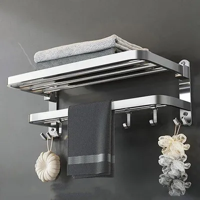 Image de Porte-serviettes autocollant, acier inoxydable, 2 barres, 5 crochets, 58 cm