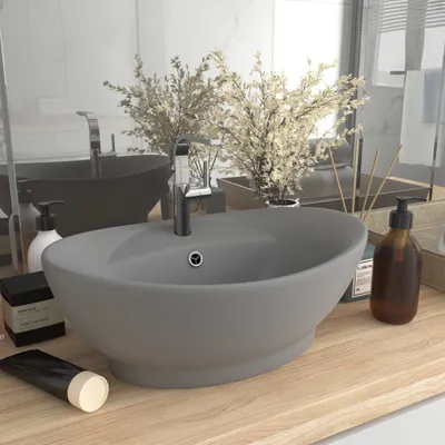 Produktbild von ZMH Luxus-Waschbecken Überlauf Matt Hellgrau 58,5x39cm Keramik