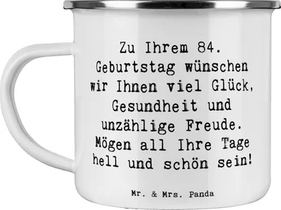Produktbild von Mr. & Mrs. Panda Pott Spruch 84. Geburtstag Glückwünsche - Weiß - Geschenk, Happy Birthday, Haferl, Emaille Tasse, Geburtstagsgeschenk, Becher, unzählige Freude, Teetasse